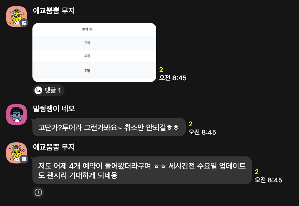수강생 카톡: 날짜별 예약 3개·4개·7개, 고단가 투어